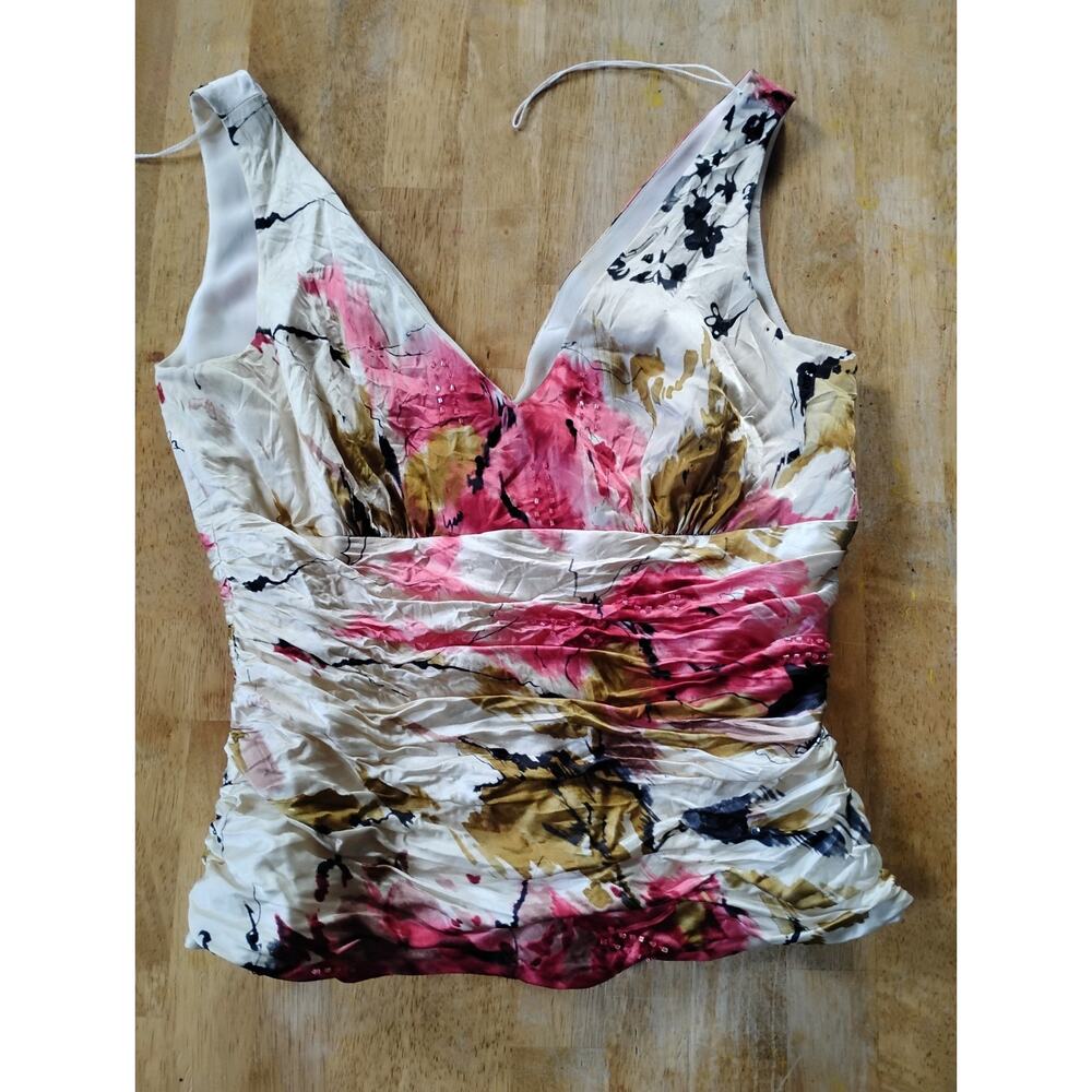 Women’s Top Satin Tank Floral Beaded Ruched Detail Adrianna Papell Silk Blend 4